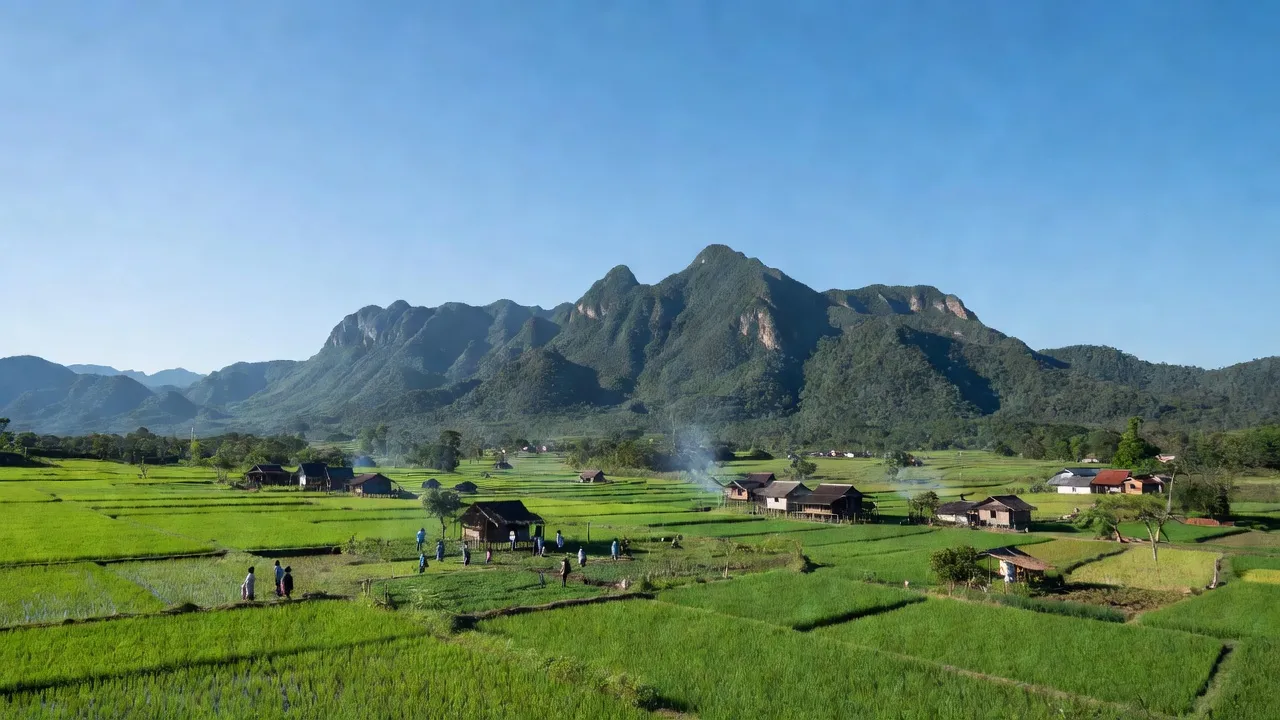 Khung cảnh xã Xốp, Đắk Glei, Kon Tum với cánh đồng, núi non và làng dân tộc thiểu số.