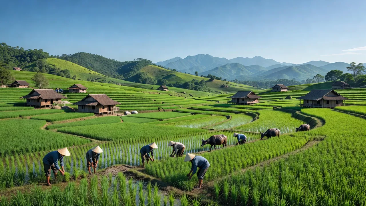 Huyện Đắk Hà, tỉnh Kon Tum với đồng ruộng xanh, nhà truyền thống và bầu trời trong xanh.