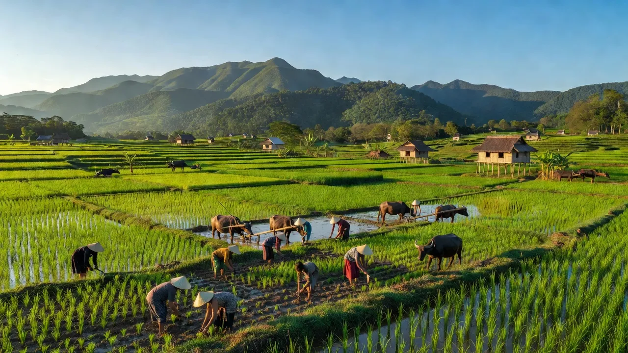 Khung cảnh huyện Đắk Hà, tỉnh Kon Tum với cánh đồng xanh mướt và núi non ở phía xa.