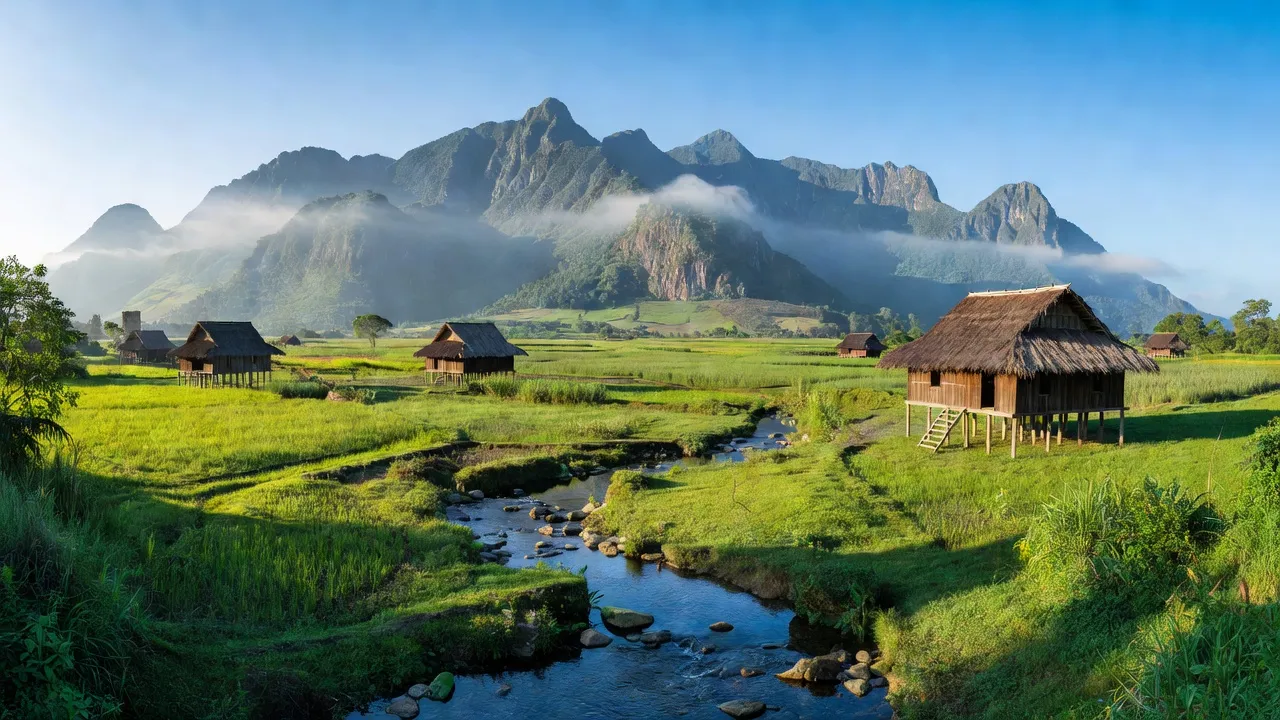 Khung cảnh thiên nhiên tại xã Đắk HRing, huyện Đắk Hà, tỉnh Kon Tum, với núi, cánh đồng và bầu trời xanh.