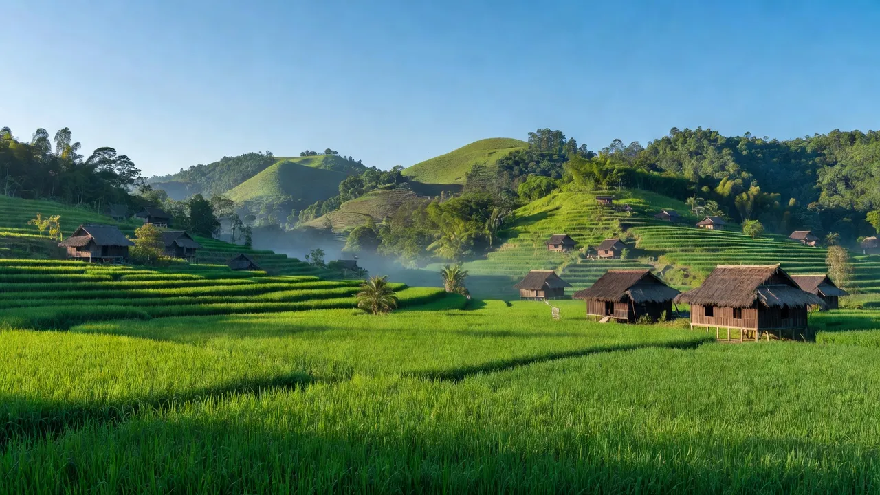 Khung cảnh xanh tươi của xã Đắk HRing, huyện Đắk Hà, với những ngôi nhà truyền thống và cảnh vật vùng Tây Nguyên.