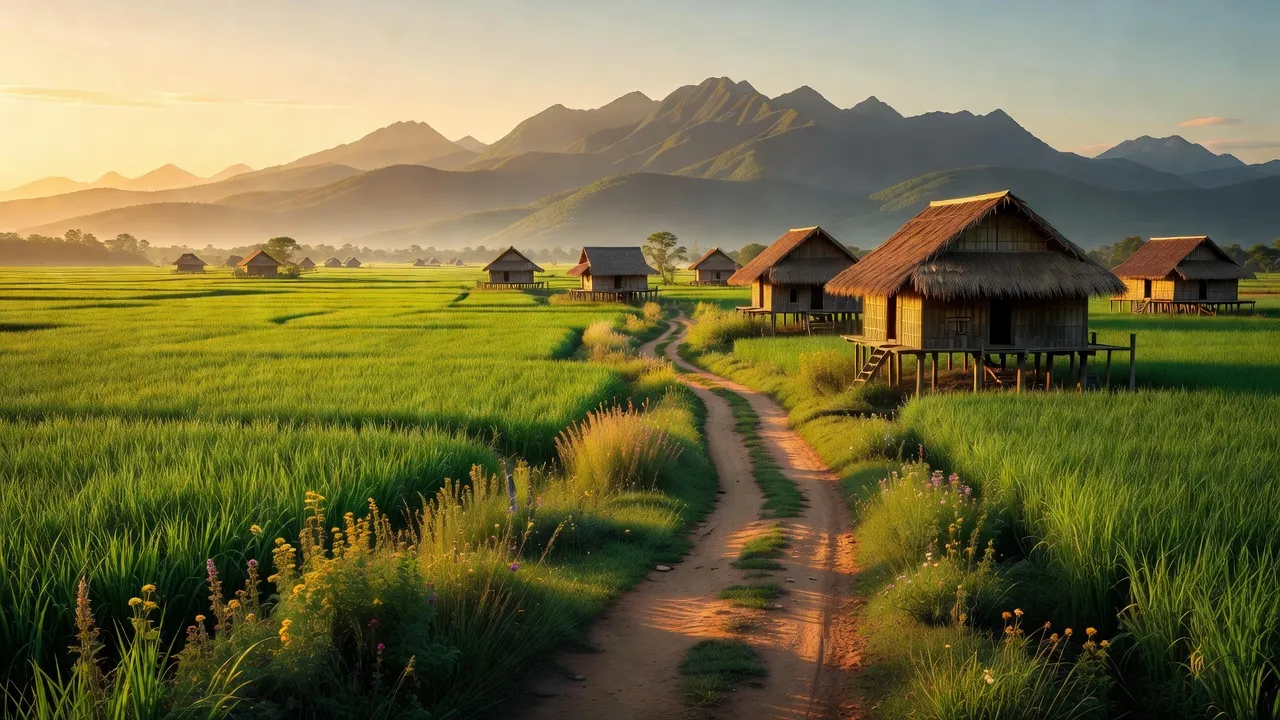 Cảnh quan Xã Đăk Long, huyện Đắk Hà, tỉnh Kon Tum với cánh đồng xanh và núi non hùng vĩ.