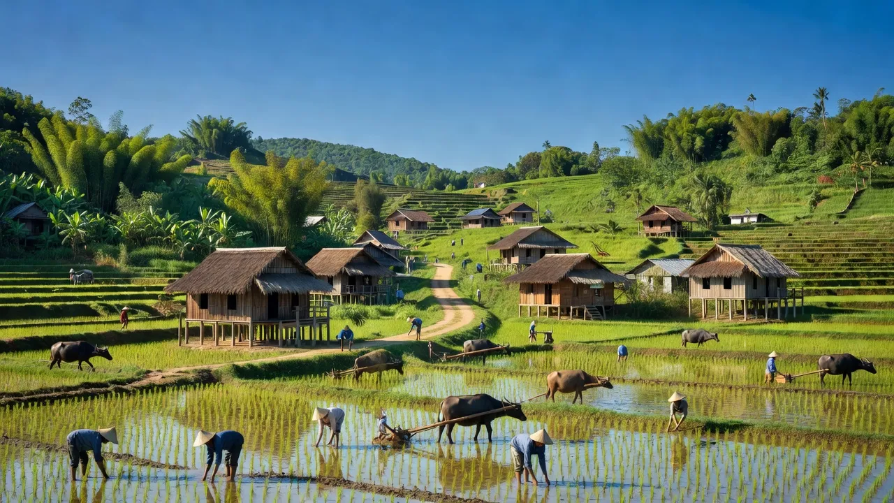 Phong cảnh Xã Đăk Long, Huyện Đắk Hà, Tỉnh Kon Tum với nhà gỗ và thửa ruộng màu mỡ.