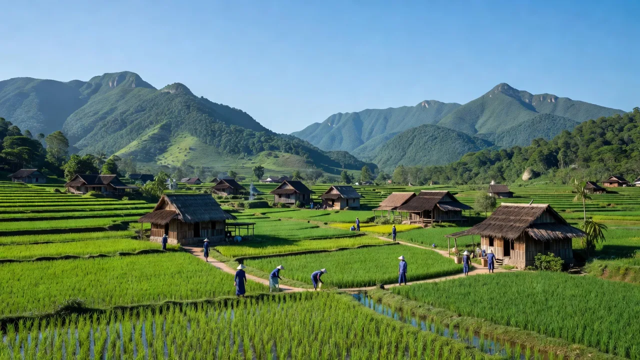 Khung cảnh Xã Đắk Mar, huyện Đắk Hà, tỉnh Kon Tum với cánh đồng xanh mướt và nhà gỗ truyền thống.