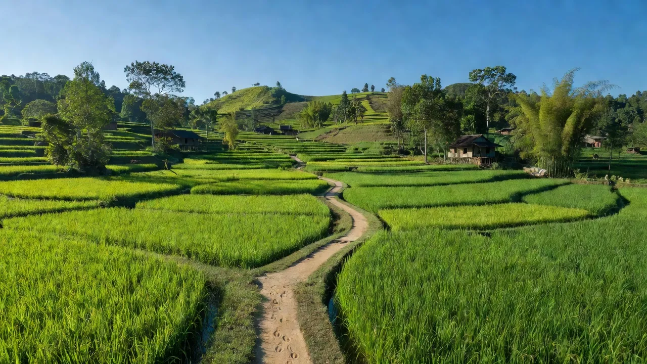 Khung cảnh làng Đăk Ngọk, huyện Đắk Hà, tỉnh Kon Tum với đồng lúa và đồi núi đẹp.