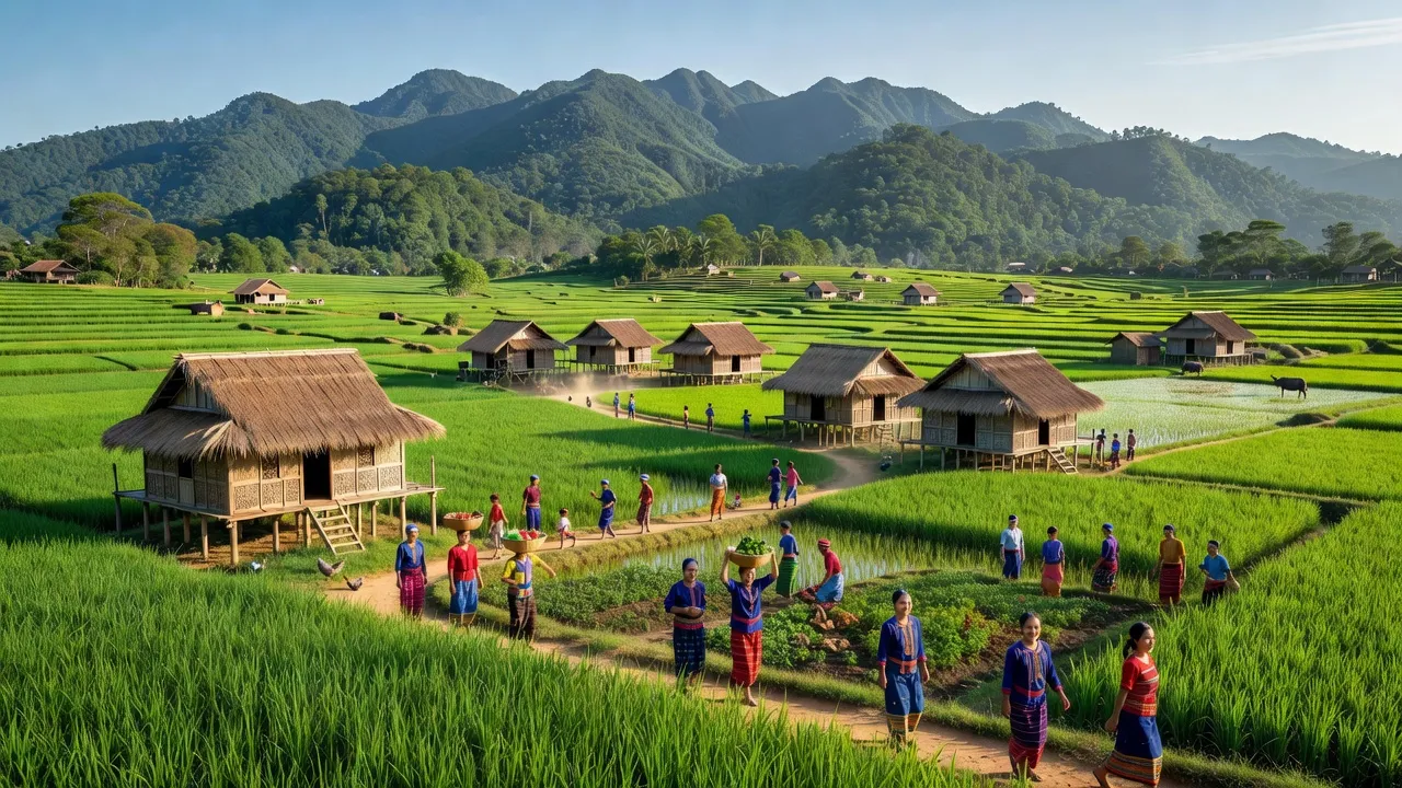 Khung cảnh xã Đắk PXi, huyện Đắk Hà, tỉnh Kon Tum với đồng ruộng xanh tươi và nhà truyền thống.