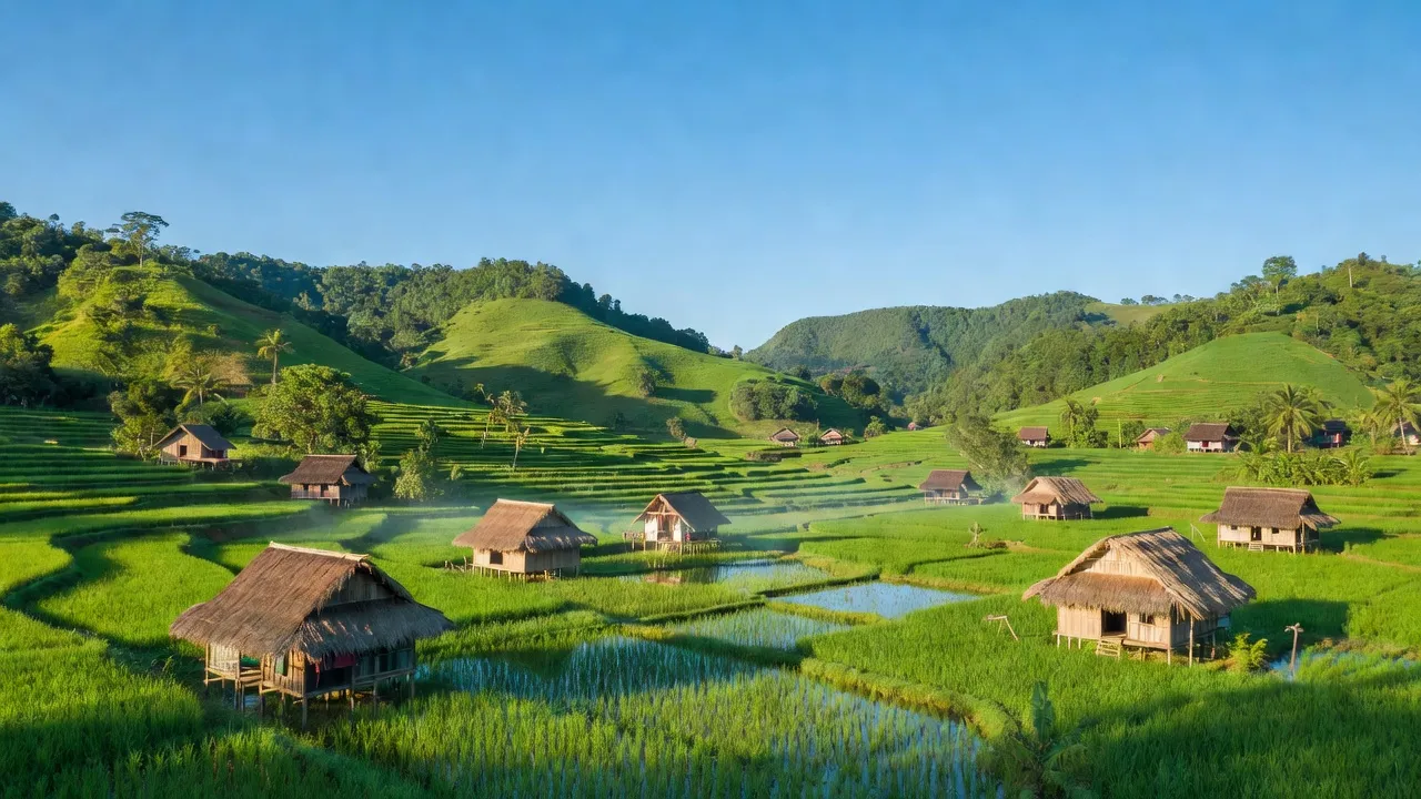 Khung cảnh nên thơ ở xã Đắk Ui, huyện Đắk Hà, tỉnh Kon Tum với những cánh đồng xanh.