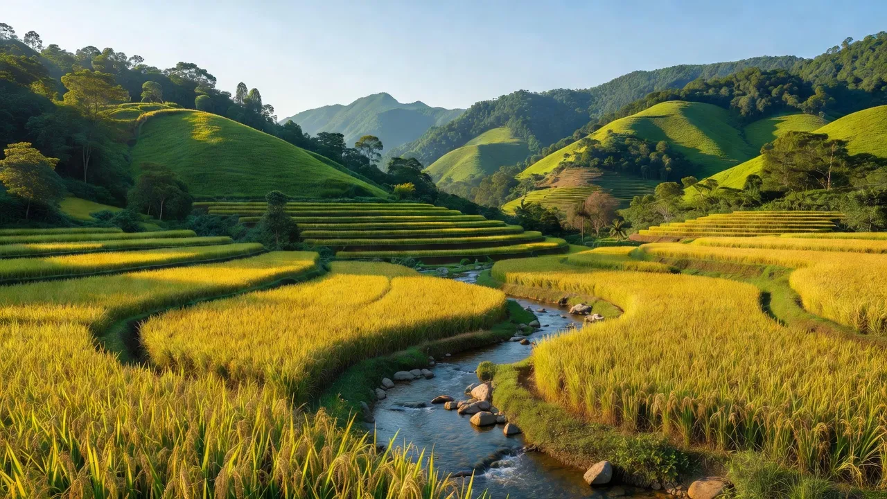 Khung cảnh thiên nhiên tại xã Đắk Ui, huyện Đắk Hà, tỉnh Kon Tum với đồi núi và cánh đồng.