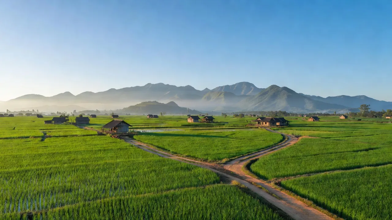 Cảnh đẹp nông thôn tại xã Hà Mòn, huyện Đắk Hà, tỉnh Kon Tum với các cánh đồng xanh.