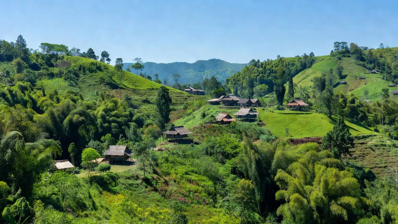 Khung cảnh xã Ngok Réo, huyện Đắk Hà, tỉnh Kon Tum với nhà truyền thống và thiên nhiên xanh tươi.