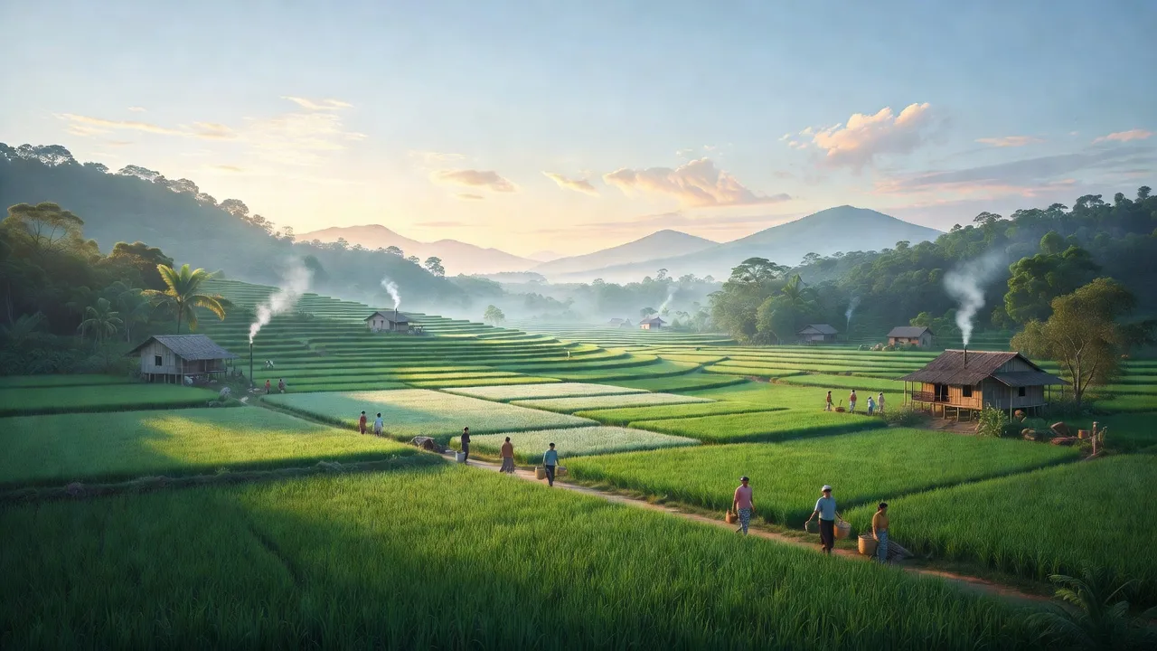 Phong cảnh bình dị tại Xã Ngok Réo, Đắk Hà, Kon Tum với đồng xanh và đồi núi.