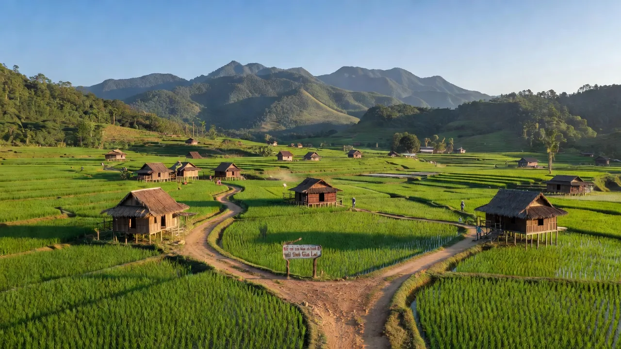 Cảnh quan Xã Ngok Wang, huyện Đắk Hà, tỉnh Kon Tum với đồng lúa xanh và nhà sàn truyền thống.