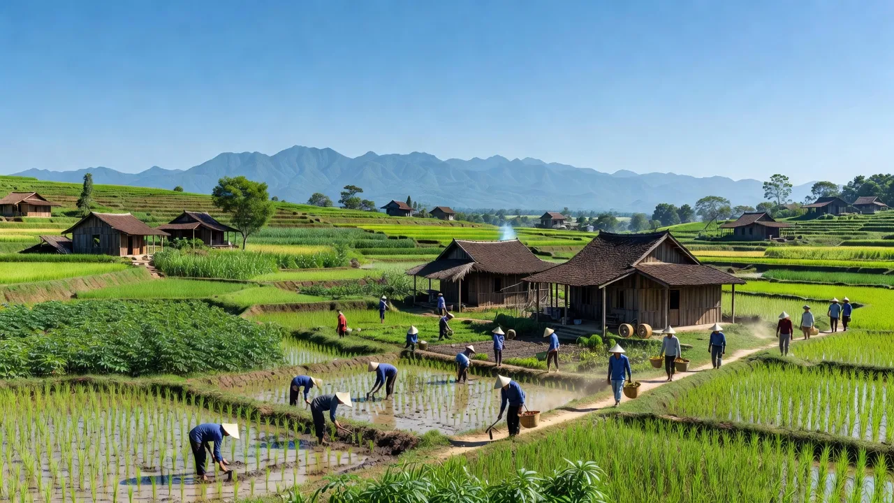 Cảnh quan xã Đắk Rơ Nga, huyện Đắk Tô, tỉnh Kon Tum với đồng quê xanh tươi và nhà gỗ.