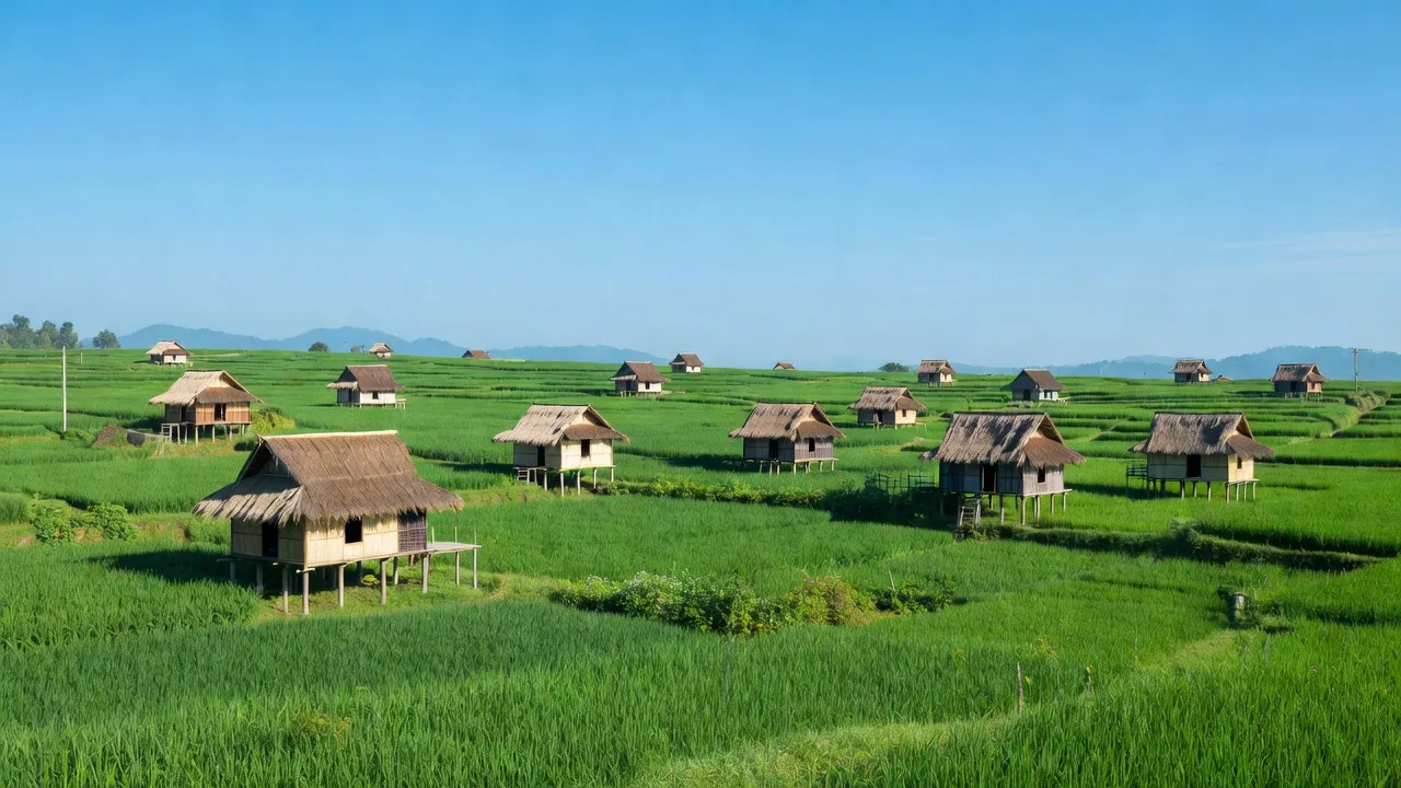 Cảnh sắc vùng Đắk Rơ Nga, Đắk Tô, Kon Tum với ruộng bậc thang và nhà sàn truyền thống.