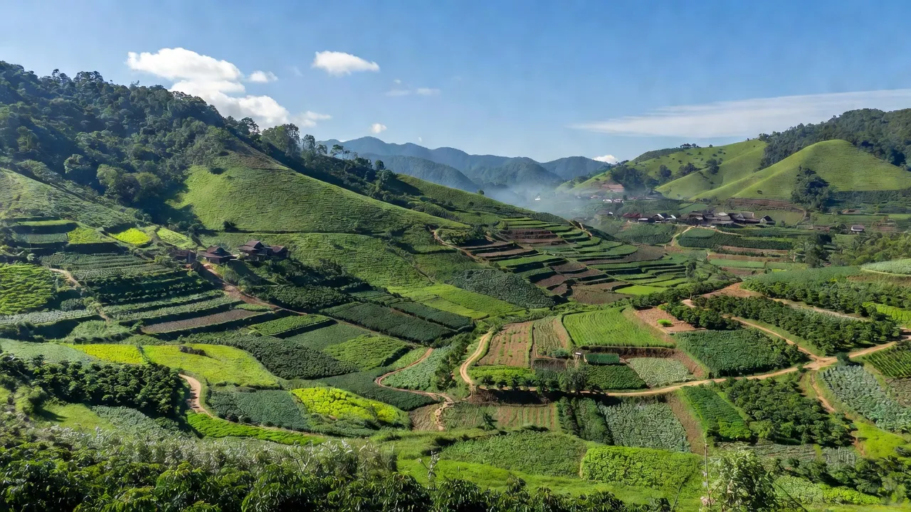 Khung cảnh xã Đắk Trăm, huyện Đắk Tô, tỉnh Kon Tum với đồi núi và thung lũng xanh tốt.