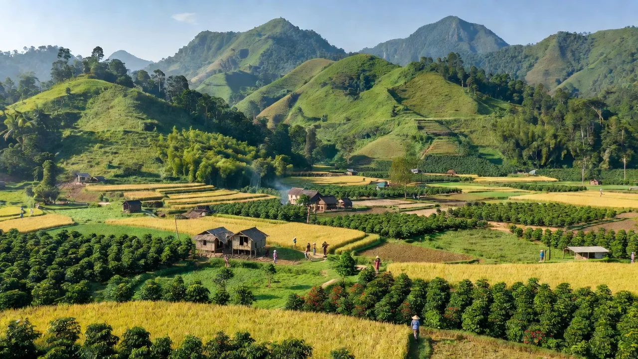 Phong cảnh xã Đắk Trăm, huyện Đắk Tô với đồi núi xanh và thung lũng, đặc trưng vùng Tây Nguyên.