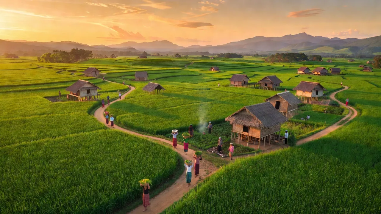Khung cảnh Xã Diên Bình, huyện Đắk Tô, Kon Tum với cánh đồng xanh và núi non.