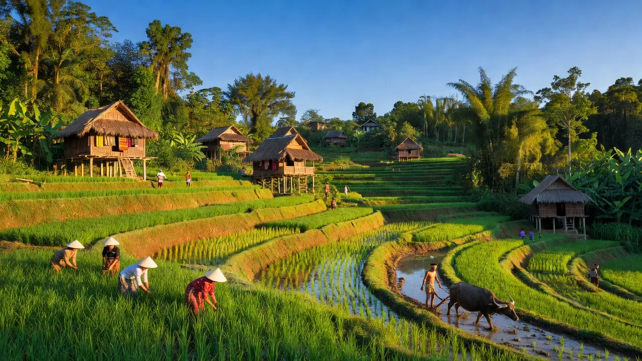 Cảnh quan xã Kon Đào, Đắk Tô, tỉnh Kon Tum với nhà truyền thống và ruộng bậc thang.