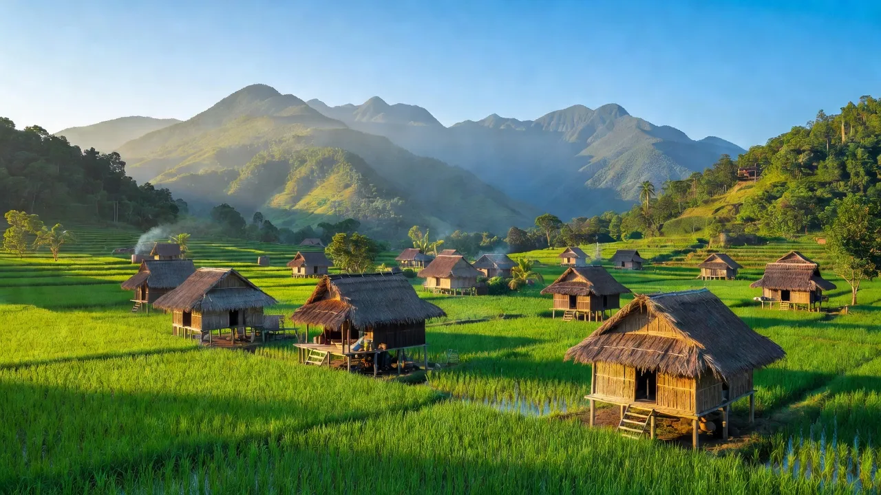 Cảnh quan xã Pô Kô, Đắk Tô, Kon Tum với ruộng xanh và nhà sàn truyền thống.