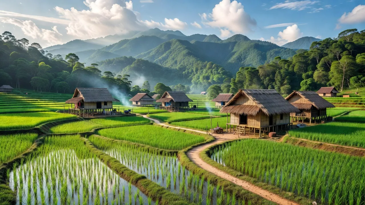Khung cảnh xã Pô Kô, huyện Đắk Tô, tỉnh Kon Tum với đồng ruộng xanh và nhà sàn dân tộc.