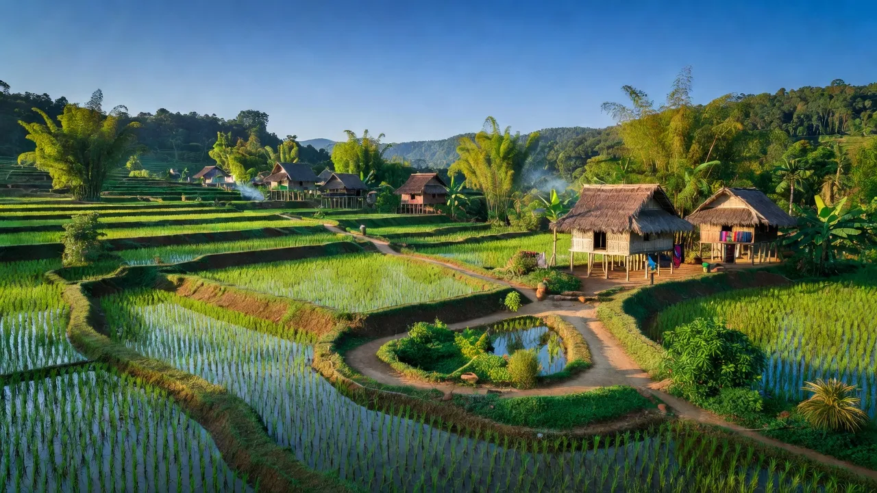 Cảnh đẹp xã Tân Cảnh, huyện Đắk Tô, Kon Tum với thiên nhiên tươi đẹp, nhà truyền thống và bầu trời trong xanh.