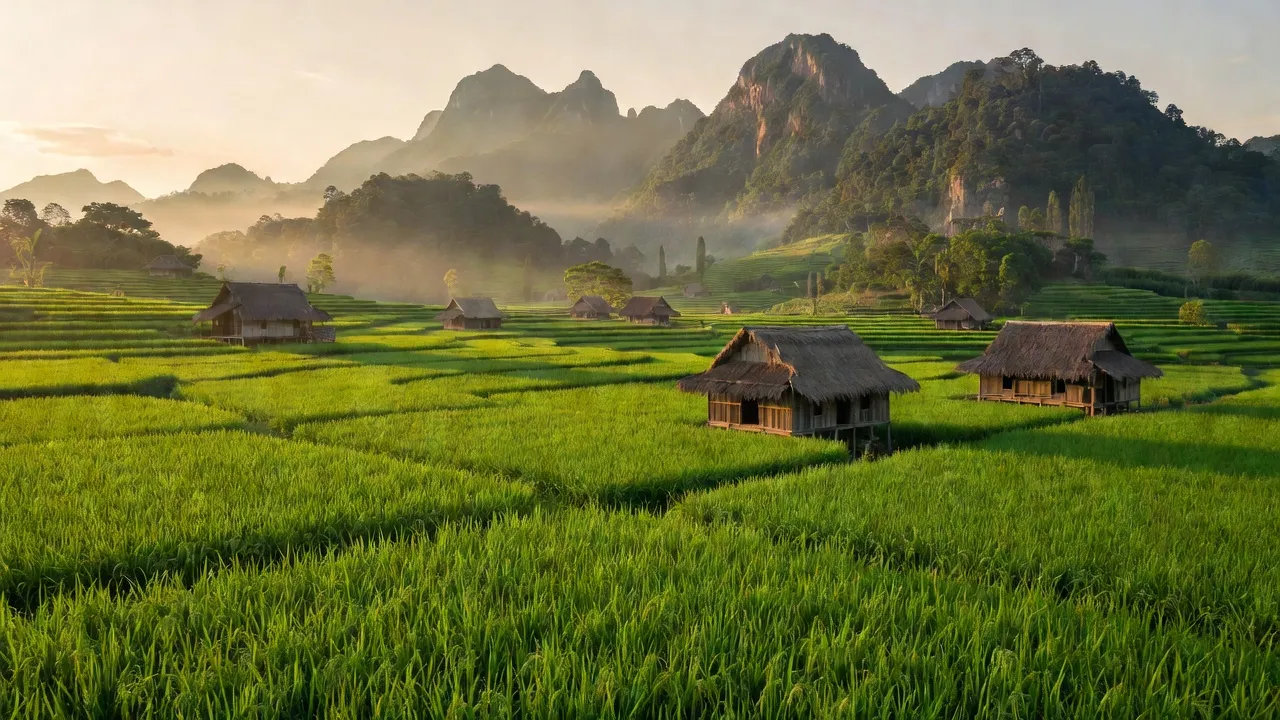 Quang cảnh xã Tân Cảnh, huyện Đắk Tô, tỉnh Kon Tum với cánh đồng xanh và núi non.
