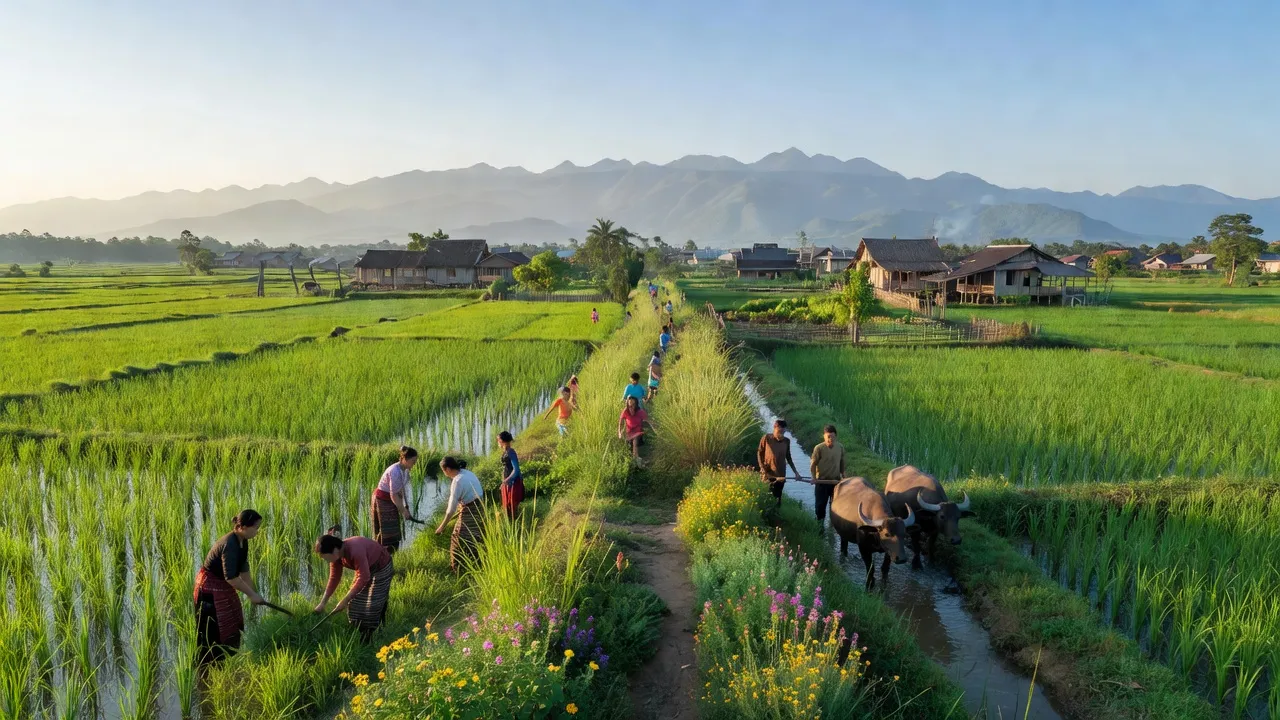 Khung cảnh thanh bình xã Văn Lem, huyện Đắk Tô, tỉnh Kon Tum với núi non và cánh đồng xanh.