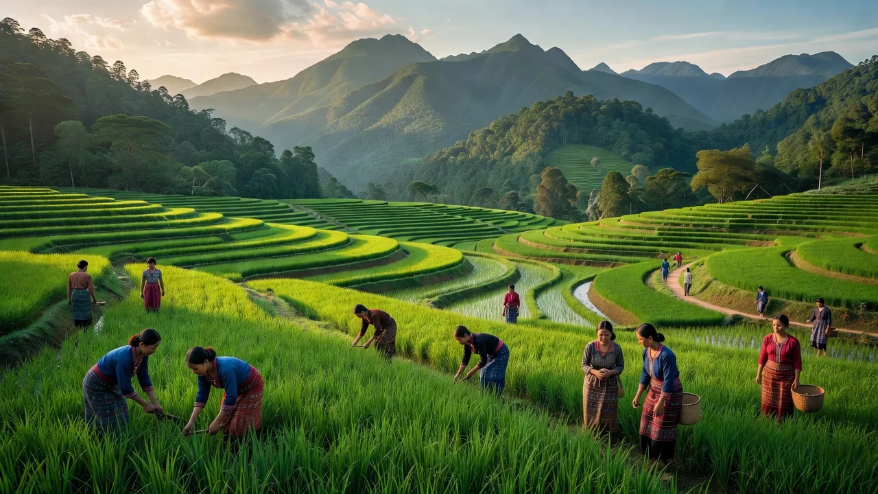 Khung cảnh xã Ia Đal, huyện Ia H'Drai, với ruộng xanh và cư dân đồng bào dân tộc thiểu số.