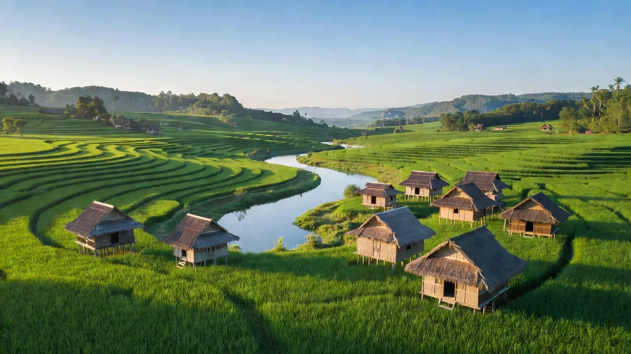 Cảnh quan yên bình Xã Ia Dom, Huyện Ia H' Drai, Tỉnh Kon Tum với cánh đồng xanh tươi.