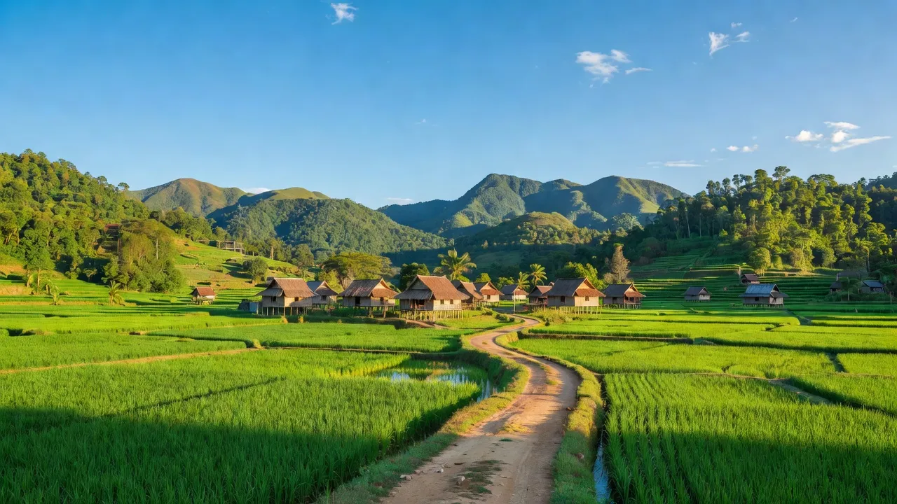 Khung cảnh xã Ia Dom, huyện Ia H’Drai, tỉnh Kon Tum với cánh đồng xanh và nhà dân.