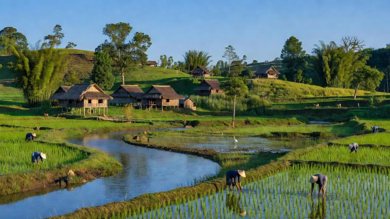 Cảnh đẹp xã Ia Tơi huyện Ia H'Drai, Kon Tum với nhà truyền thống và đồng cỏ xanh.