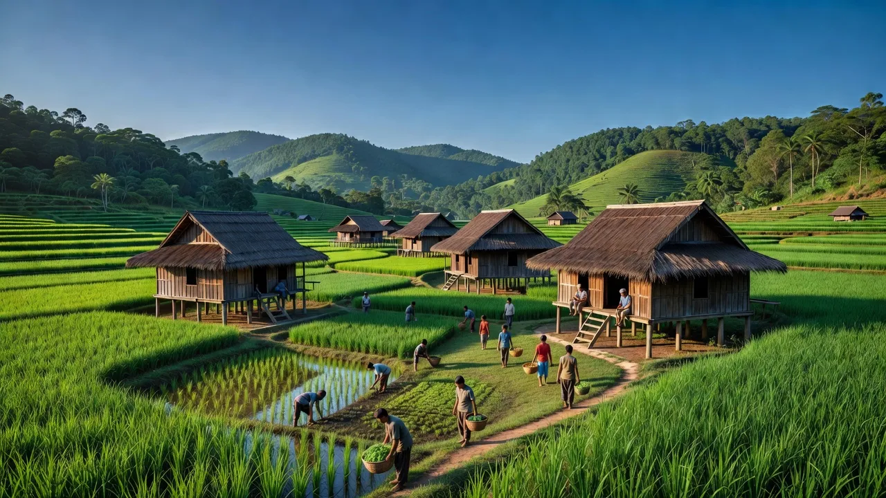 Cảnh làng Ia Tơi, huyện Ia H'Drai, tỉnh Kon Tum với cánh đồng và nhà gỗ truyền thống.