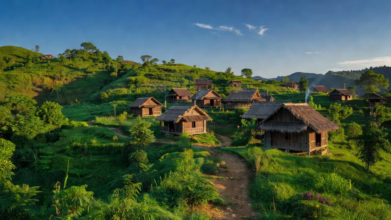 Cảnh đẹp xã Đắk Nên, huyện Kon Plông, tỉnh Kon Tum với những ngọn đồi xanh mướt và nhà sàn truyền thống.