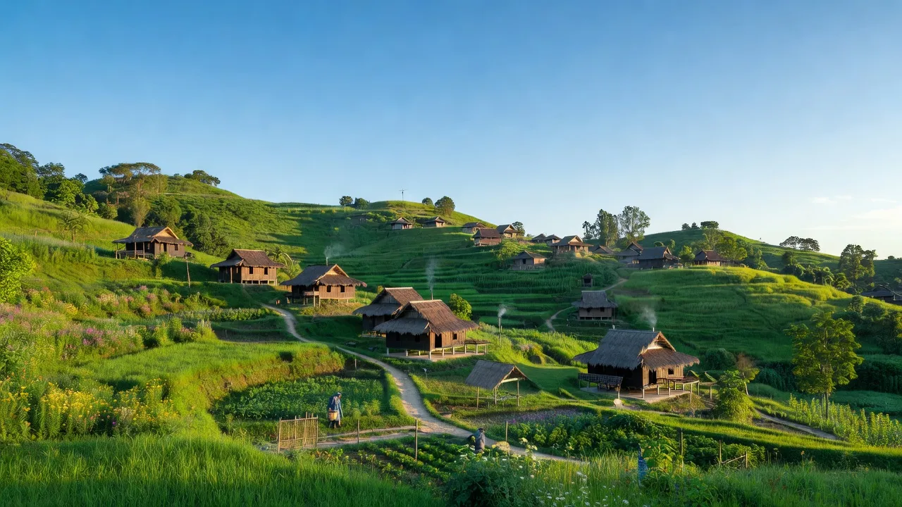 Phong cảnh xã Đắk Nên huyện Kon Plông, tỉnh Kon Tum với nhà truyền thống và đồi xanh.
