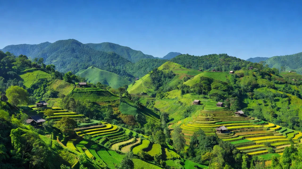 Khung cảnh bình yên xã Đắk Ring, huyện Kon Plông, tỉnh Kon Tum với núi non xanh tươi và những ruộng bậc thang.