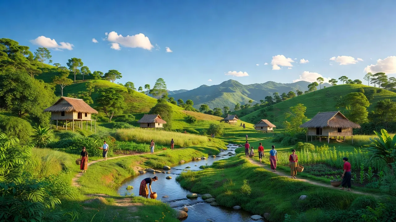 Cảnh quan xã Đắk Tăng, Kon Plông, Kon Tum với đồi núi, suối, không gian thiên nhiên trong lành.