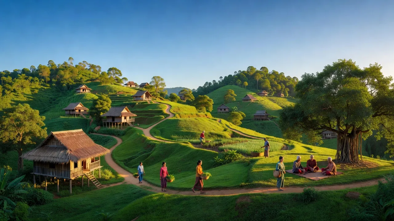 Cảnh sắc Xã Hiếu, huyện Kon Plông, tỉnh Kon Tum với núi rừng, bản làng và bầu trời xanh.