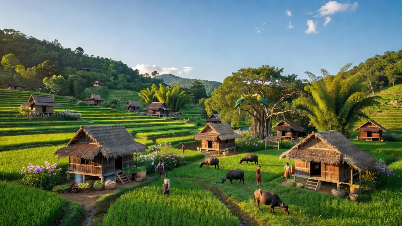 Cảnh làng Măng Cành, huyện Kon Plông, tỉnh Kon Tum với đồi xanh tươi và nhà dân tộc Xơ Đăng.