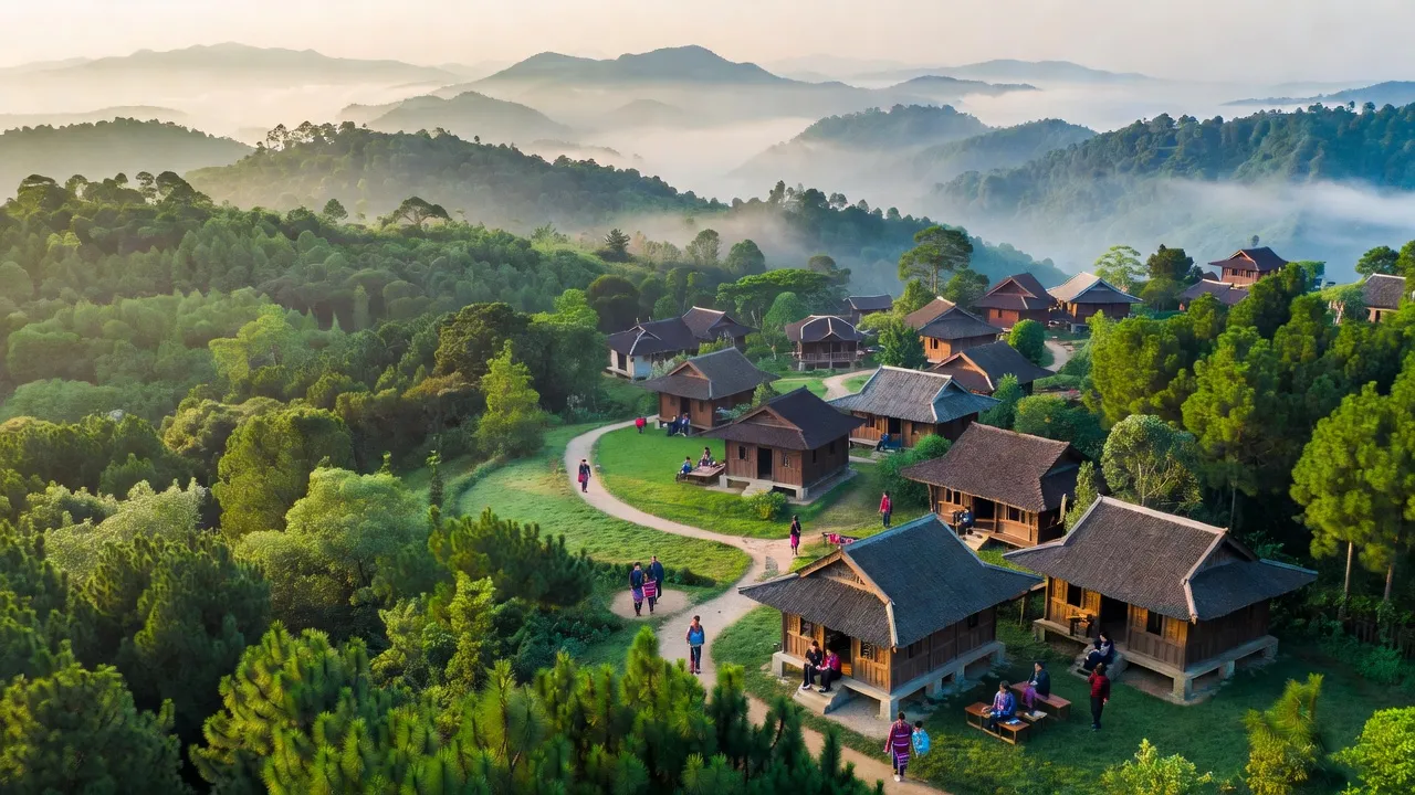 Thị trấn Măng Đen, huyện Kon Plông, tỉnh Kon Tum với rừng thông xanh mướt và núi non hùng vĩ.