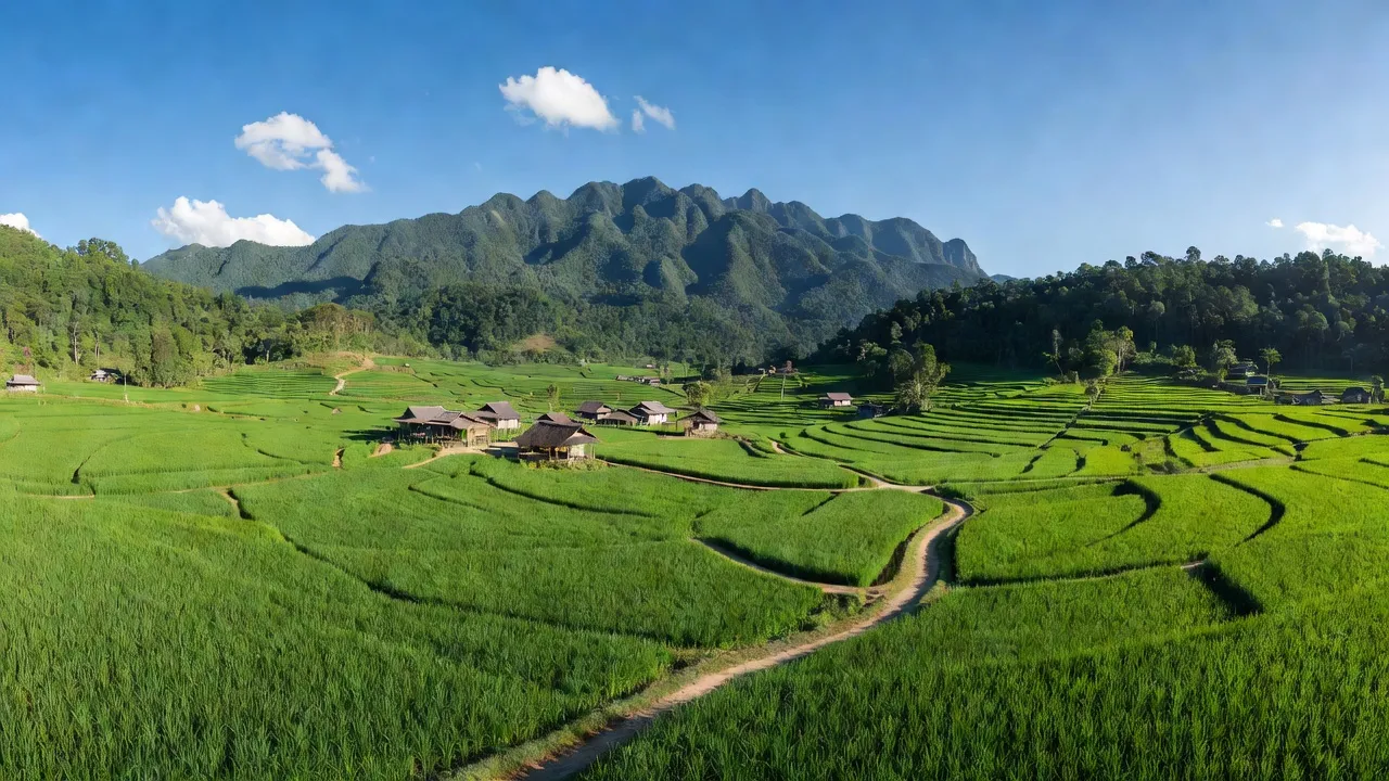 Khung cảnh xã Pờ Ê, huyện Kon Plông với núi non, cánh đồng xanh và ánh nắng trong trẻo.