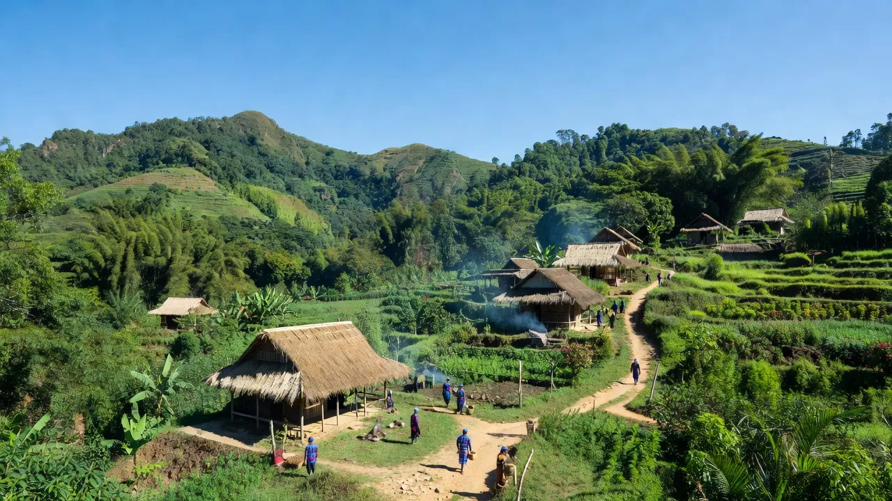 Quang cảnh Xã Pờ Ê, huyện Kon Plông, tỉnh Kon Tum với núi xanh và nhà Xơ Đăng.