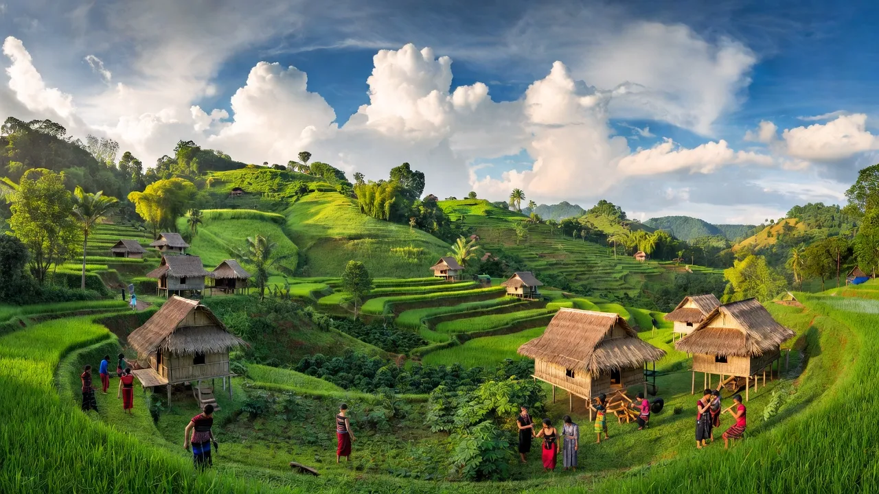Khung cảnh huyện Kon Rẫy, Kon Tum với nhà sàn dân tộc và thiên nhiên tươi đẹp.