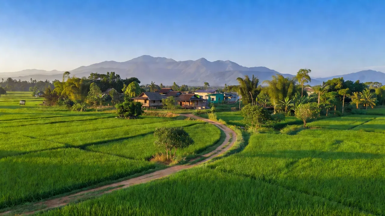 Cảnh đẹp Xã Đắk Kôi, Huyện Kon Rẫy, Tỉnh Kon Tum với ruộng đồng xanh và núi non.