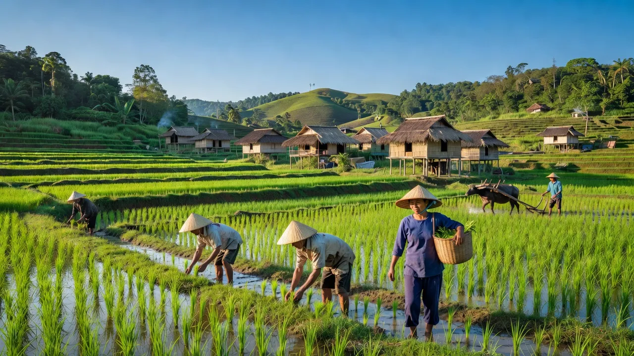 Cảnh quan nông thôn ở xã Đắk Kôi, huyện Kon Rẫy, tỉnh Kon Tum, với các cánh đồng xanh và người dân làm nông.