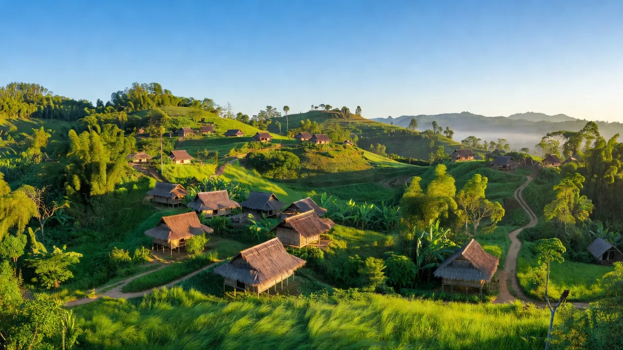 Landschaft của Xã Đắk Pne, huyện Kon Rẫy, tỉnh Kon Tum với những ngôi nhà truyền thống và đồi núi xanh.