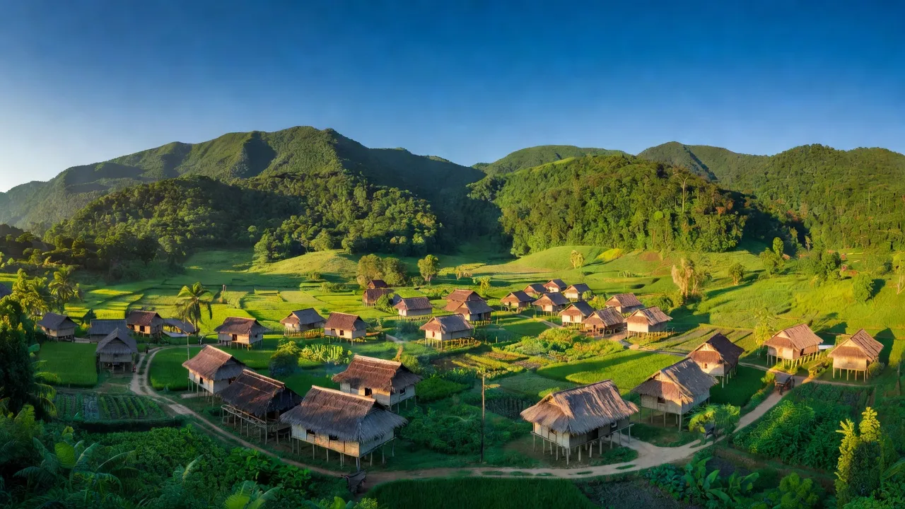 Toàn cảnh xã Đắk Pne, huyện Kon Rẫy, tỉnh Kon Tum với núi xanh và nhà truyền thống.