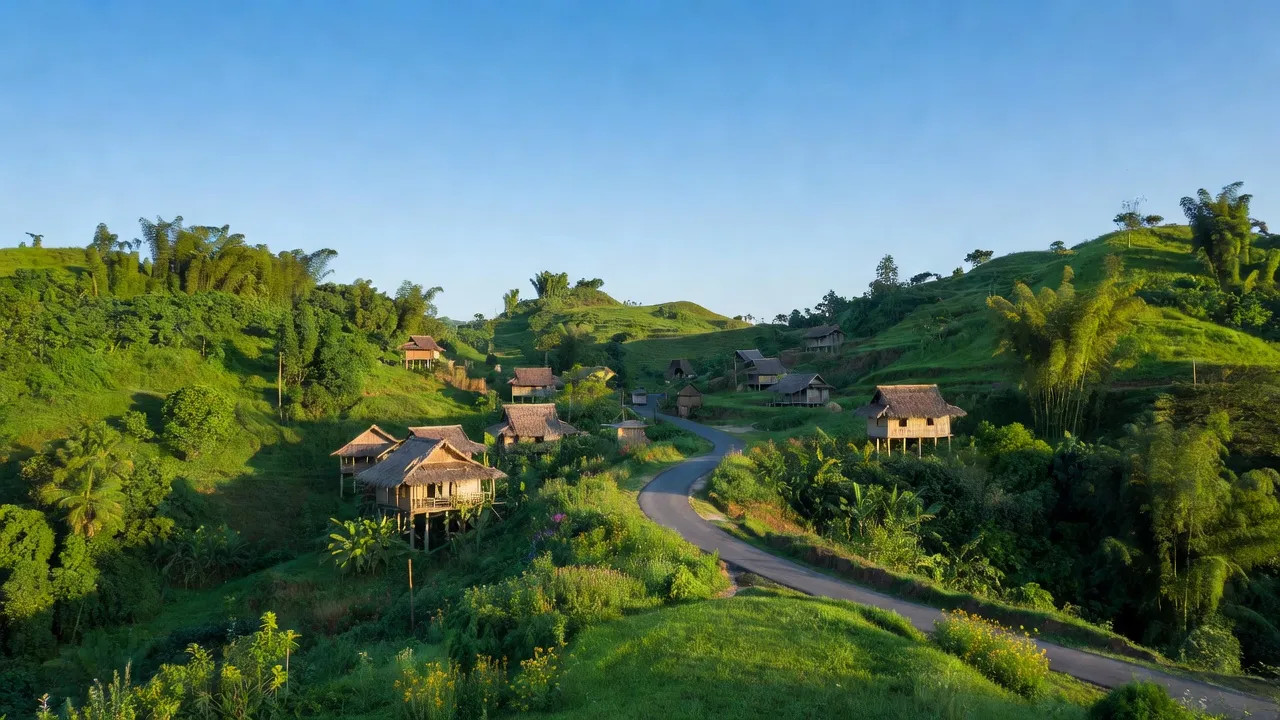 Khung cảnh Thị trấn Đắk Rve, huyện Kon Rẫy, tỉnh Kon Tum với đồi xanh và nhà truyền thống.