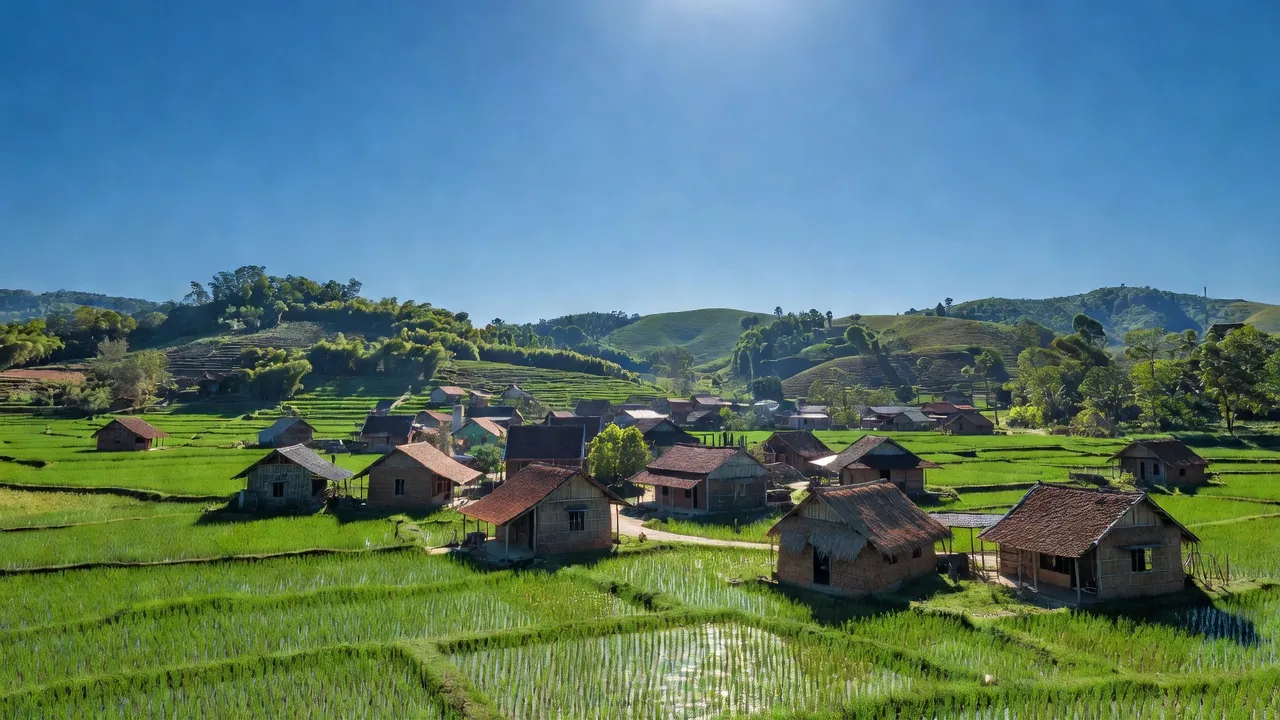 Khung cảnh thị trấn Đắk Rve, huyện Kon Rẫy, tỉnh Kon Tum với ruộng lúa và nhà truyền thống.