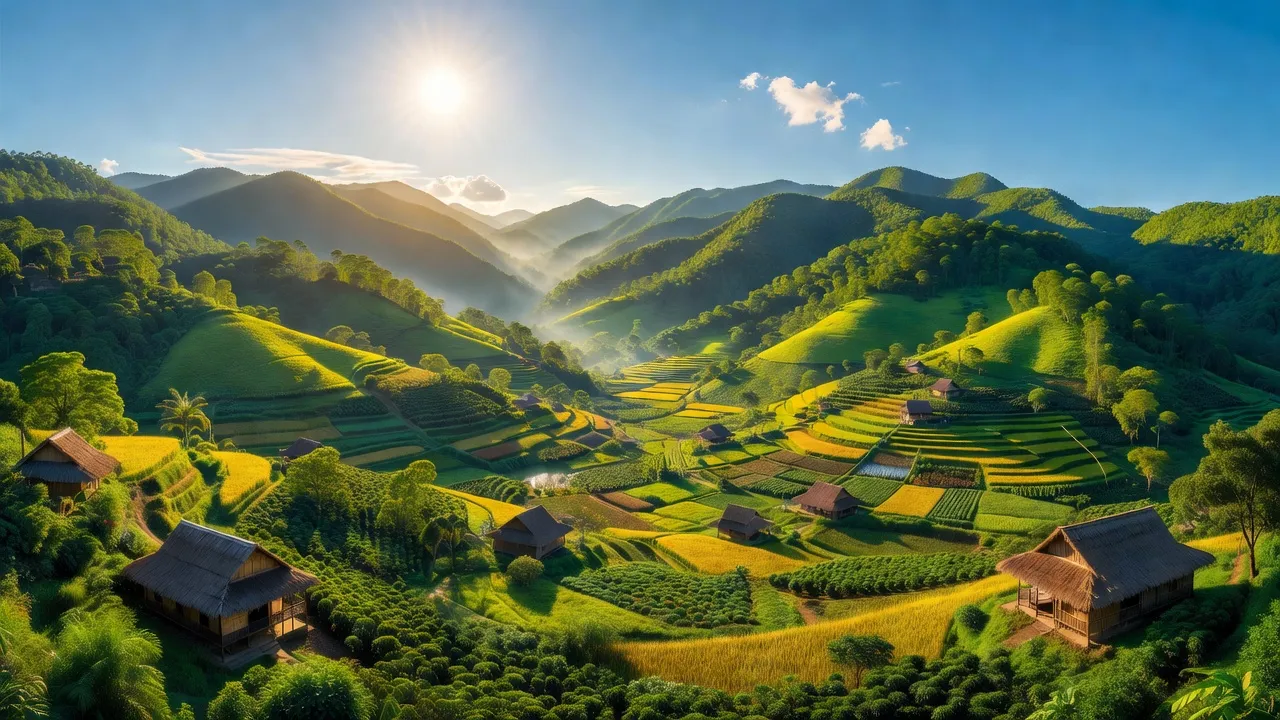 Phong cảnh xã Đắk Tơ Lung, huyện Kon Rẫy, tỉnh Kon Tum với đồi núi và thung lũng nông nghiệp.