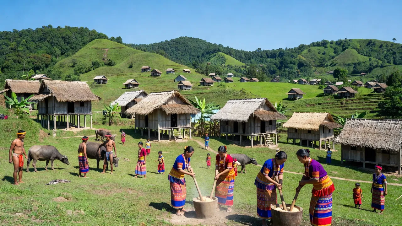 Cảnh đẹp xã Đắk Tờ Re, huyện Kon Rẫy, tỉnh Kon Tum với đồi núi xanh và nhà sàn truyền thống.